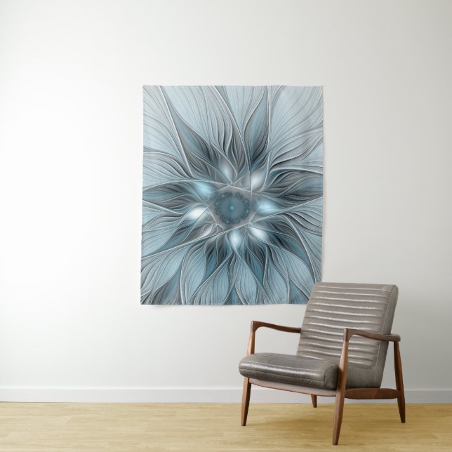 Tenture Fleur Joyeuse Abstrait gris bleu floral Fractal (En situation)