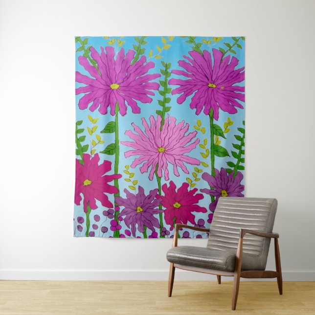 Tenture Fleur rose vif Dessin bleu (En situation)