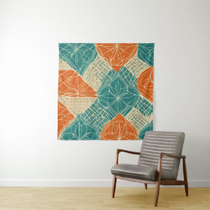 Tenture Fleurs abstraites sarcelle, orange et chamois