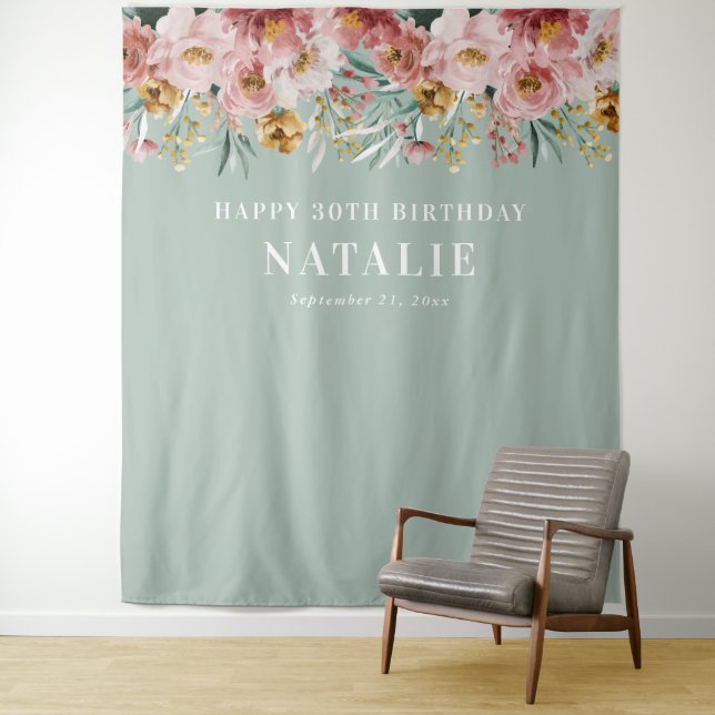 Tenture Fleurs aquarelles girly 30 ans bleu chic  (En situation)