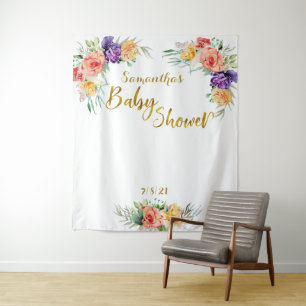 Tenture Fleurs Baby Shower Fond Doré Photobooth