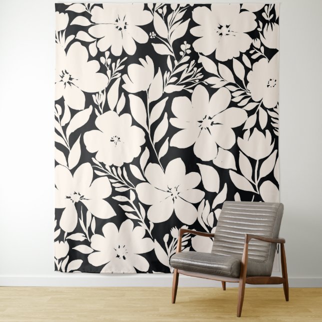 Tenture Fleurs beiges modernes Botanique noire (En situation)