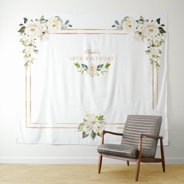 Tenture Fleurs Blanches Photobooth Or ! 8e Anniversaire (En situation (horizontale))