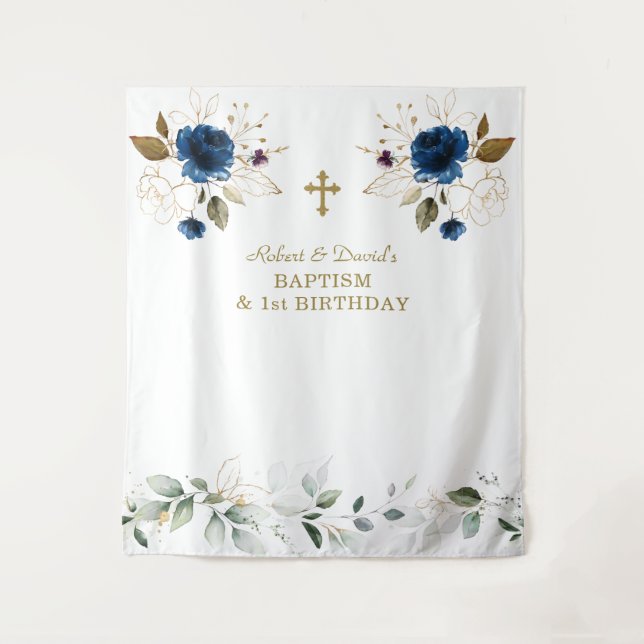 Tenture Fleurs Bleues Garçons Jumeaux 1er Anniversaire Bap (Devant)