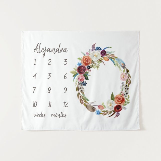 Tenture Fleurs Bohèmes d'Automne Monogramme Étape Bébé Pho (Devant (Horizontal))