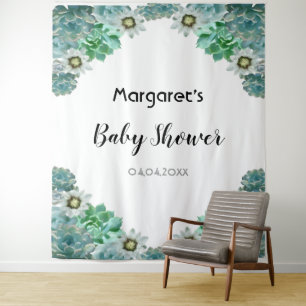 Tenture Fleurs cactus et succulents Baby shower blanc