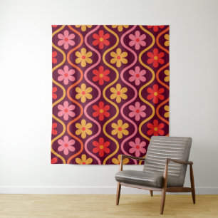 Tenture Fleurs colorées rétro sur motif ogee vintage