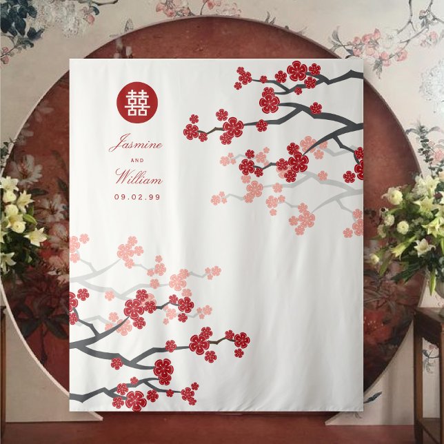 Tenture Fleurs de cerisiers rouges Mariage chinois Fond ph (White/Red Cherry Blossoms Double Happiness, Chinese Wedding Backdrop Tapestry @ fatfatin_red_knot)