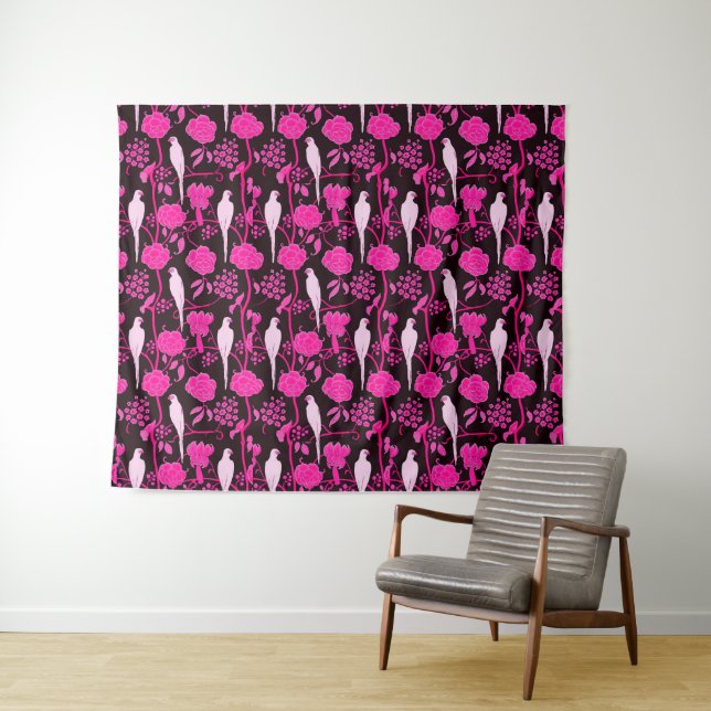 TENTURE FLEURS DE FUCHSIA ROSE NOIRE ART DÉCO, PARROTS BLA (En situation (horizontale))