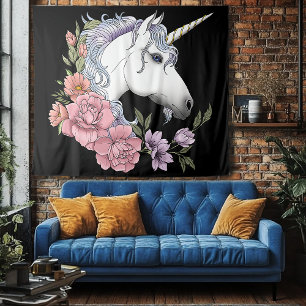 Tenture Fleurs de licorne blanche enchantée rose noir