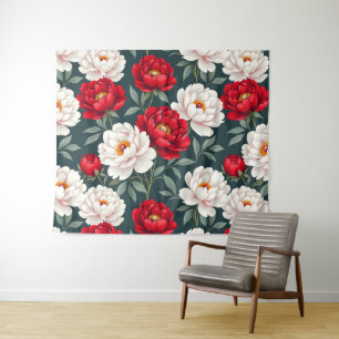 Tenture Fleurs de pivoine rouges et blanches
