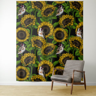Tenture Fleurs de soleil et ailerons sur noir