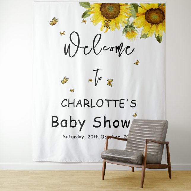 Tenture Fleurs de soleil et papillons Baby shower fond (En situation)