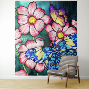 Tenture Fleurs et papillon bleu