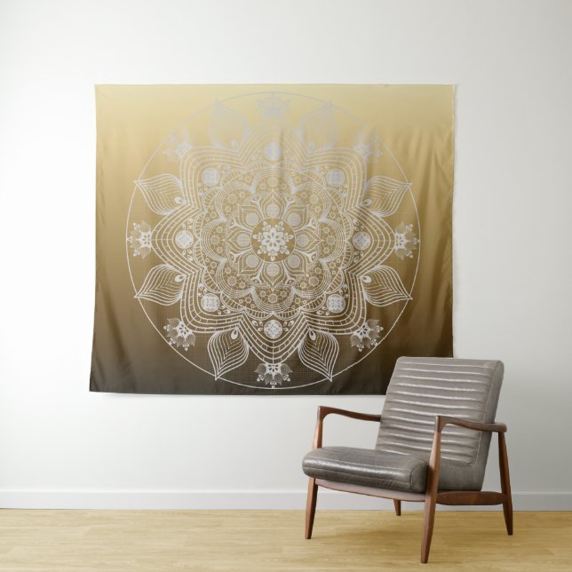 Tenture Fleurs, Feuilles, Dentelle Blanche Floral Mandala  (En situation (horizontale))