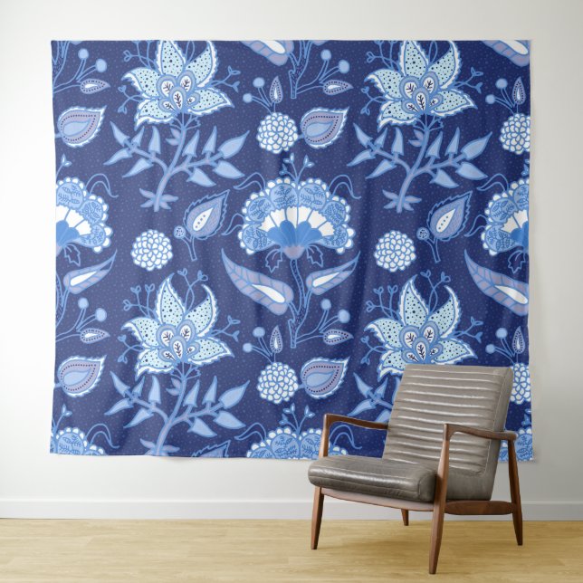 Tenture Fleurs indiennes foncées et bleu clair motif ethni (En situation (horizontale))