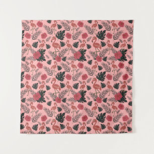 Tenture Fleurs motifs et feuilles flamands roses