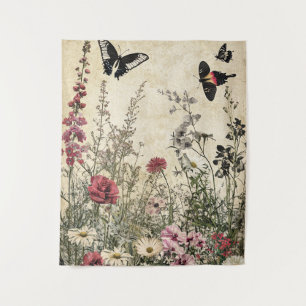 Tenture Fleurs, oiseaux et papillons sur papier vieilli (2