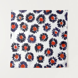 Tenture Fleurs peintes à la main, motif rouge et bleu.