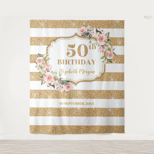 Tenture Fleurs rose poudré avec paillettes dorées 50e anni (Devant)