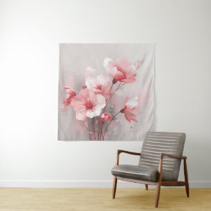 Tenture Fleurs roses, blanches et grises