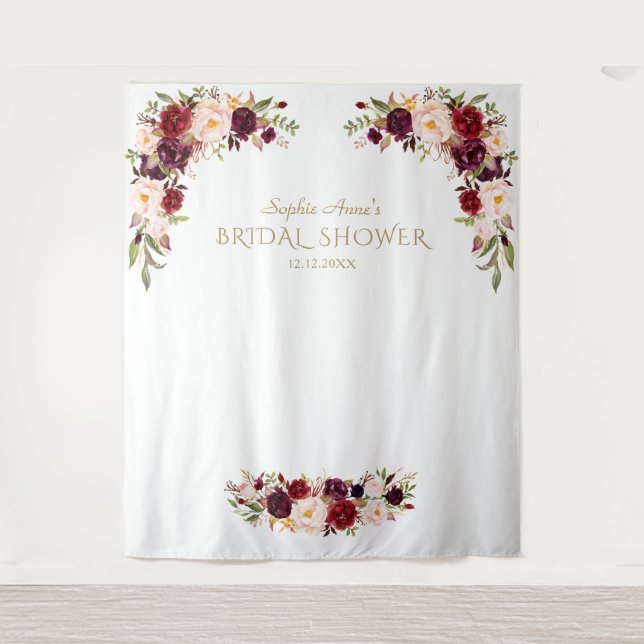 Tenture Fleurs roses Bourgogne Booth photo de mariage (Devant)