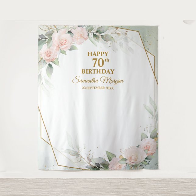 Tenture Fleurs roses rousses eucalyptus or 70e anniversair (Devant)