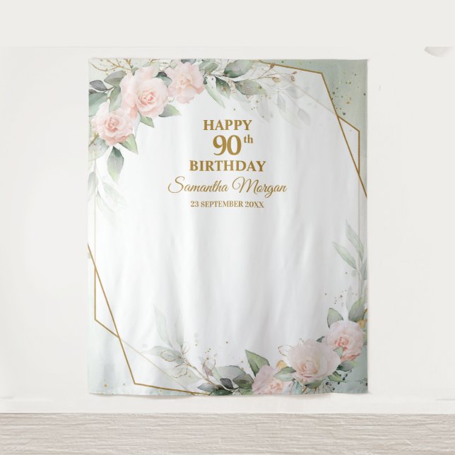 Tenture Fleurs roses rousses eucalyptus or 90e anniversair (Devant)