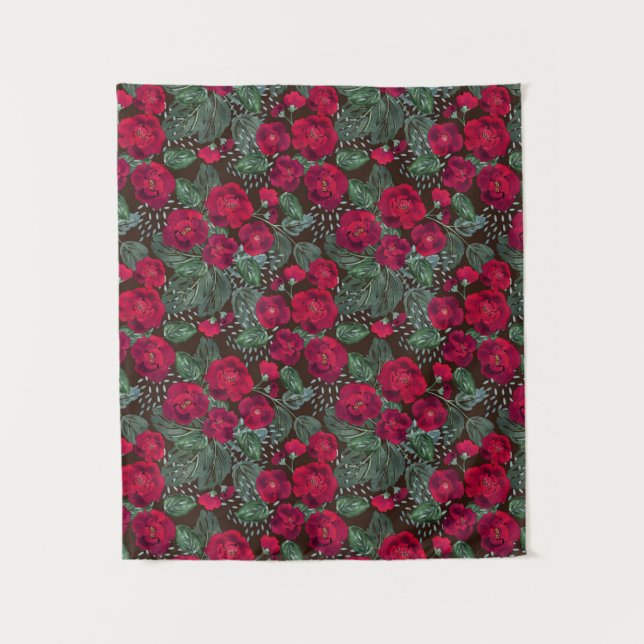Tenture Fleurs rouges, aquarelle motifs floraux. (Devant)