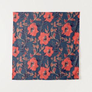 Tenture Fleurs rouges de roses et pivoines avec feuilles e