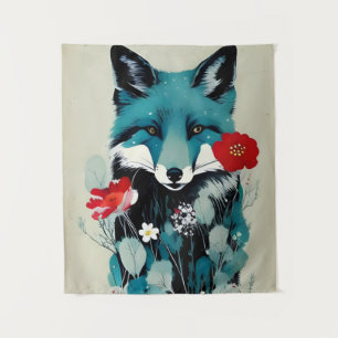 Tenture Fleurs rouges et blanches Renard bleu