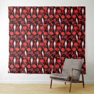 Tenture FLEURS ROUGES NOIRS ART DÉCO, PAROTS BLANCS Floral