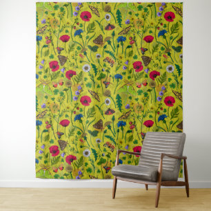 Tenture Fleurs sauvages et papillons de nuit en vert