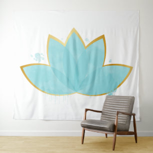 Tenture Floral Lotus Aquarelle Mer Bleu & Faux Or