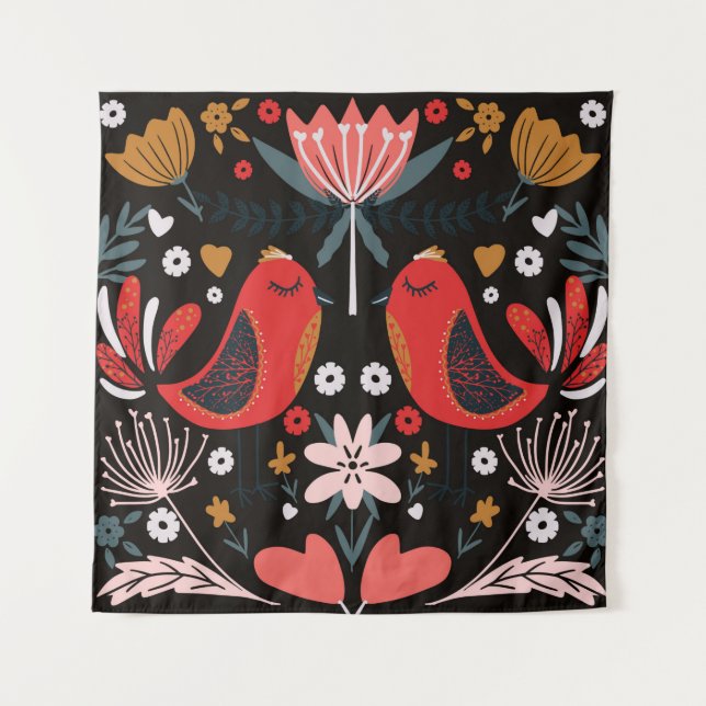 Tenture folk art scandinavian colourful pattern with flora (Devant)