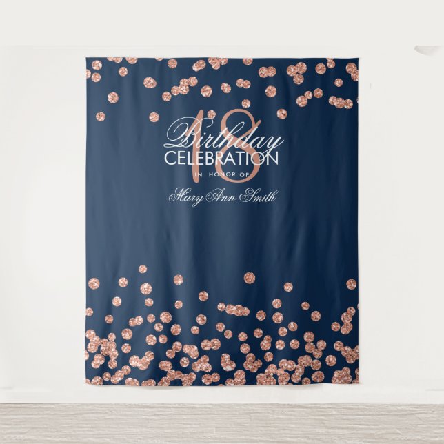Tenture Fond 18e Anniversaire Rose Gold Navy Confettis (Devant)