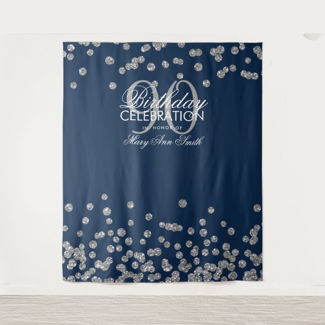 Tenture Fond 90e Anniversaire Argent Bleu Marine Confettis (Devant)