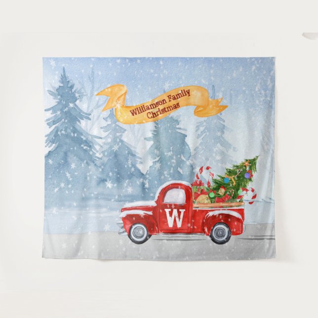 Tenture Fond arrière-plan neige camion de Noël rouge rusti (Devant (Horizontal))