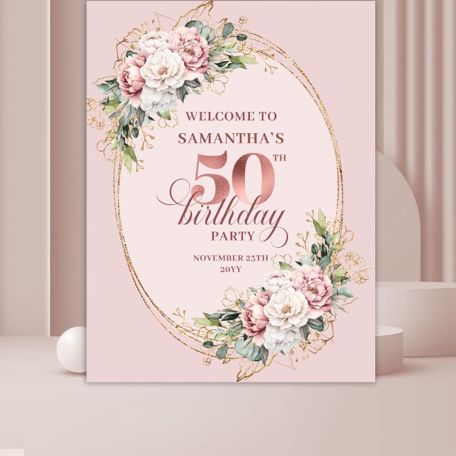 Tenture Fond de 50e anniversaire rose gold et rose pâle (Soft Blush Pink Rose Gold 50th Birthday Backdrop)