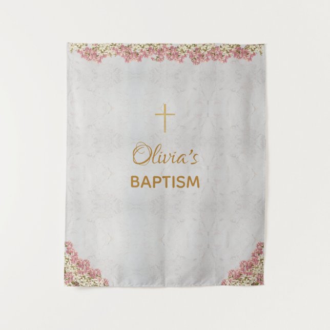 Tenture Fond de baptême croix dorée orchidées roses marbre (Devant)