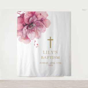 Tenture Fond de baptême floral aquarelle rose élégant