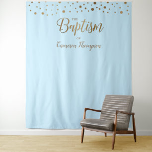 Tenture Fond de baptême garçon bleu or confettis