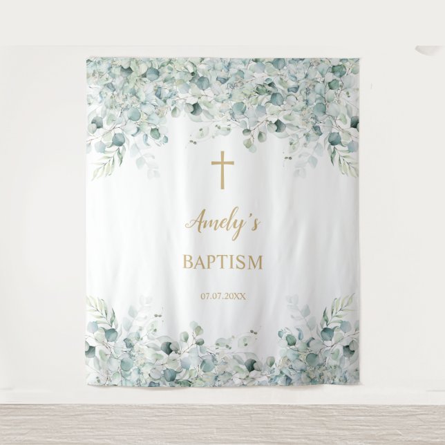 Tenture Fond de baptême pour fille - Végétation Eucalyptus (Devant)