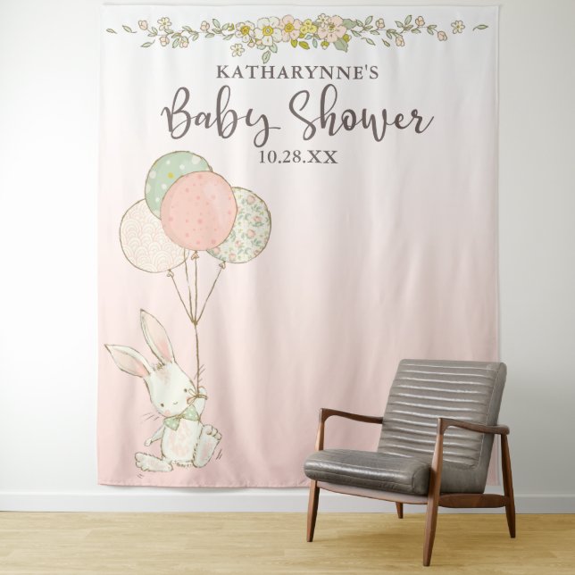 Tenture Fond de décor de fête prénatale fleuri rose lapin  (En situation)