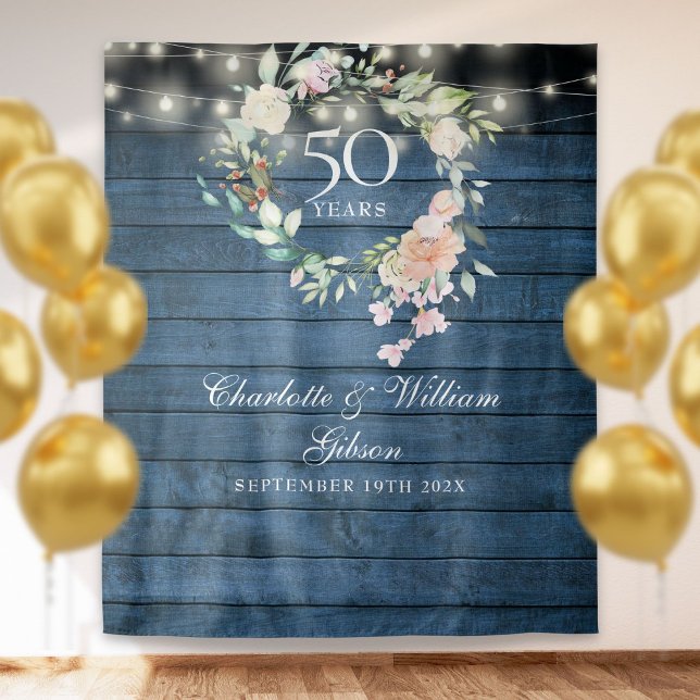 Tenture Fond de décor photo Floral Rustique Bleu 50e Anniv (50th Anniversary Blue Rustic Floral Photo Backdrop)