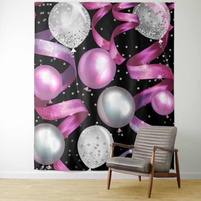Tenture Fond de fête avec ballons pailletés argent rose no (En situation)
