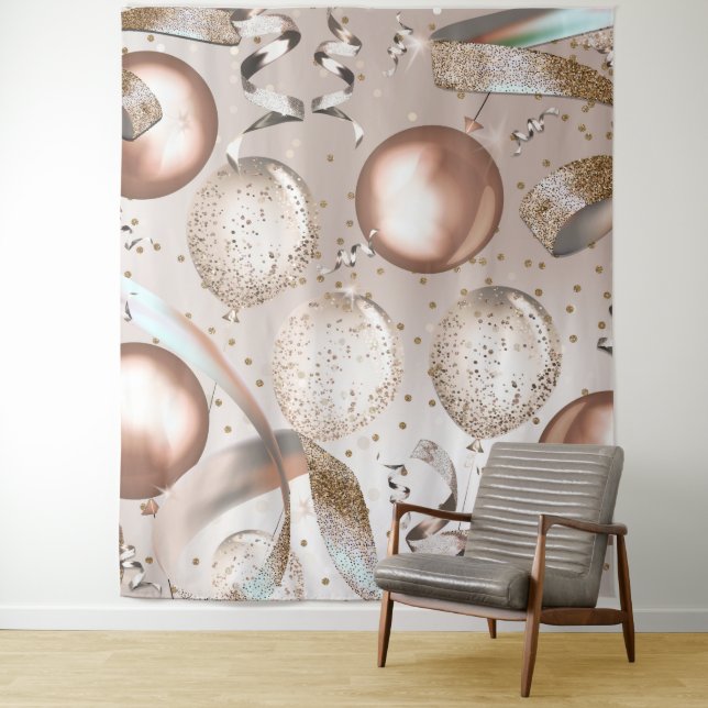 Tenture Fond de fête avec ballons rose gold et paillettes (En situation)