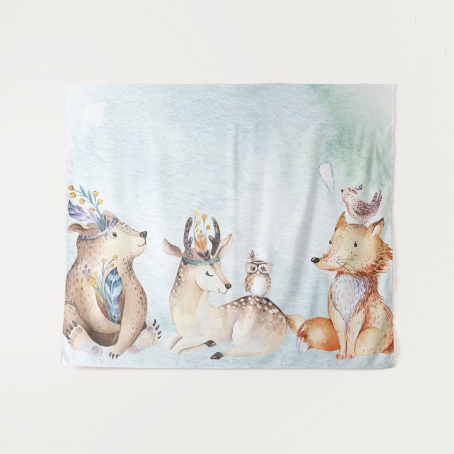 Tenture Fond de fête d'animaux rustiques ours bohème aquar (Devant (Horizontal))