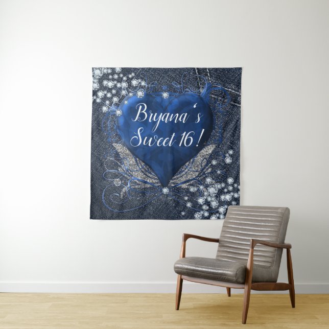 Tenture Fond de fête d'anniversaire Cœur Bleu Diamants de  (En situation)