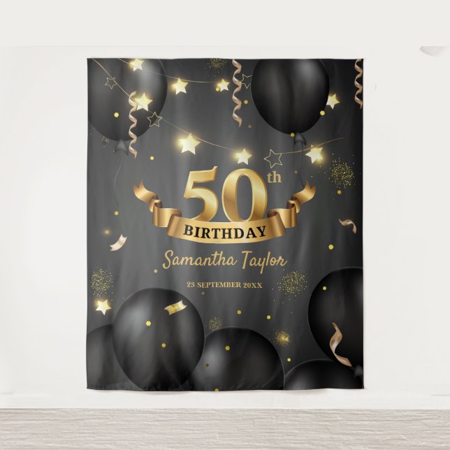 Tenture Fond de fête d'anniversaire noir or élégant modern (Devant)